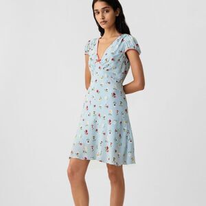 NWOT Gap x DOEN Floral Mini Fit and Flare Babydoll Dress Light Blue Dublin Sz 14